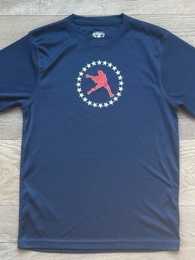 Lacrosse Unlimited Navy Performance Tee w/ White Stars & Red LAX Athlete Graphic